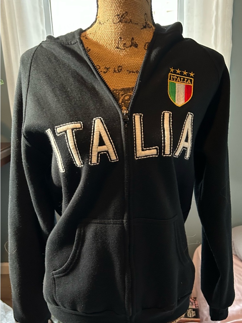 ITALIA Black Zip-Up Hoodie with Shield Patch